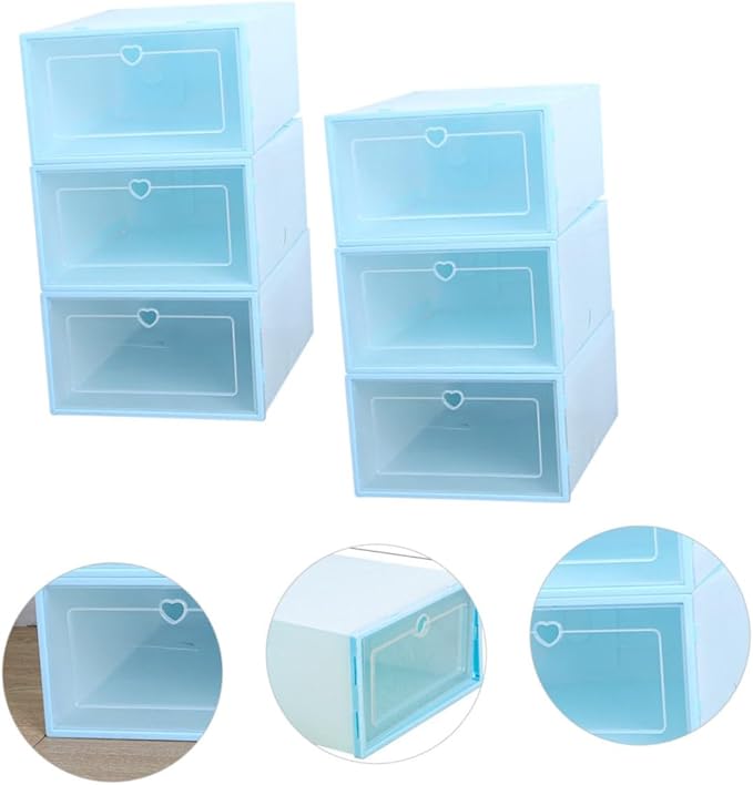 TOYANDONA 6Pcs Plastic Drawer-type Shoes Storage Boxes for Women Transparent Heart Pattern Shoe Organizers with Clamshell Lid Stackable and Reinforced Design Blue