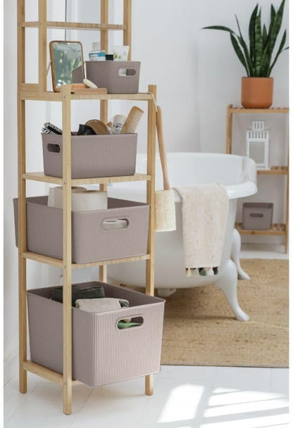 Decorative Plastic Basket Open Home Storage Bins Organizer, Large Taupe (6 Pack) Container Boxes for Organizing Closet Storage Bins for Shelves Drawer Shelf - Ribbed Collection 15 Liter/16 Quart