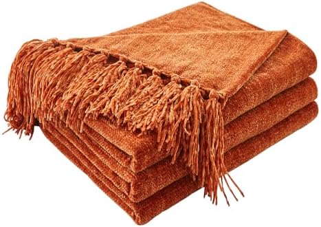 CozeCube Chenille Throw Blanket, Rust Orange Fringe Blanket, 60"X80" by CozeCube