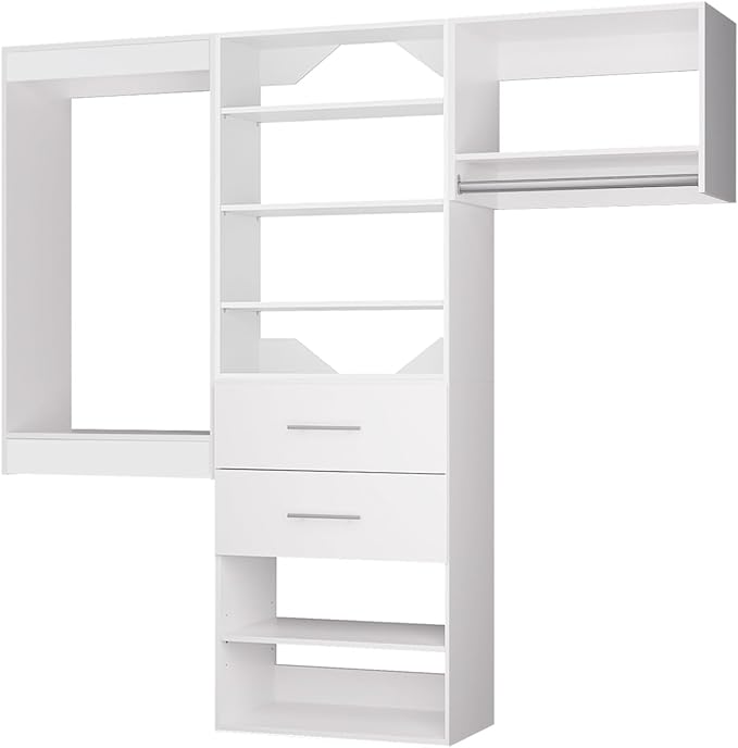 ROOMTEC Modular Closet System, 84" Wall Mounted Modern Closet Organizer with Hanging Rods and Drawers, Wooden Tower for Walk-In Closets, Wardrobe Storage Kit, White
