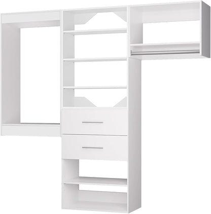 ROOMTEC Modular Closet System, 84" Wall Mounted Modern Closet Organizer with Hanging Rods and Drawers, Wooden Tower for Walk-In Closets, Wardrobe Storage Kit, White