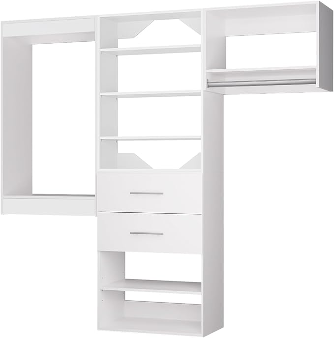 ROOMTEC Modular Closet System, 66" Wall Mounted Modern Closet Organizer with Hanging Rods and Drawers, Wooden Tower for Walk-In Closets, Wardrobe Storage Kit, White