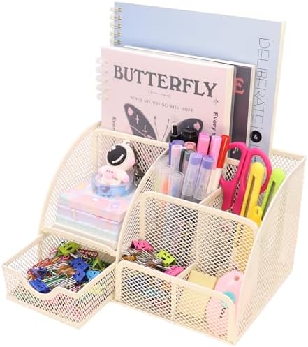 Boutilon Mesh Desk Organizer Desktop Office Supplies Stationary Organizer with 6 Compartments and 1 Drawer Multi-Functional Caddy Pen Holder for Home Office School Desk Decor(Beige) by Boutilon