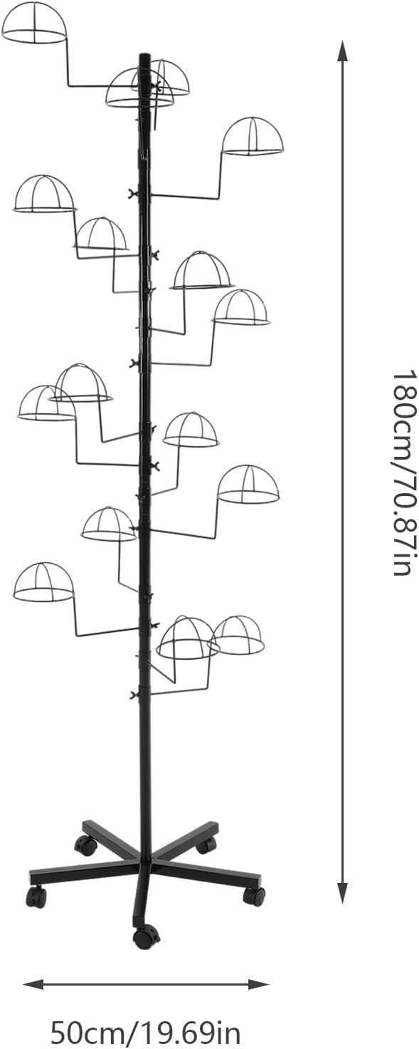 Hat Rack with 16 Circular Hooks, Metal Hat Display Stand, Freestanding Rotating Hat Stand, Adjustable Large Hats Display Rack, Modern Floor Wig Rack for Home Retail Store (Black)