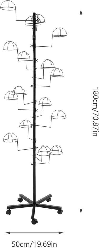 Hat Rack with 16 Circular Hooks, Metal Hat Display Stand, Freestanding Rotating Hat Stand, Adjustable Large Hats Display Rack, Modern Floor Wig Rack for Home Retail Store (Black)