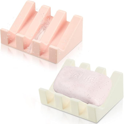 Cunhill 2 Pieces Silicone Soap Dish Self Draining Soap Dish Shower Waterfall Bar Soap Holder Tray with Drain Soap Saver for Kitchen Bathroom Accessories (Light Pink,Bright White)