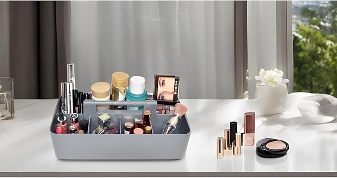 New Plastic Portable Makeup Organizer Caddy Tote Divided Basket Bin with Handle, for Bathroom Storage - Holds Blush Makeup Brushes, Made In USA (Orion Gray)