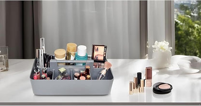 New Plastic Portable Makeup Organizer Caddy Tote Divided Basket Bin with Handle, for Bathroom Storage - Holds Blush Makeup Brushes, Made In USA (Orion Gray)