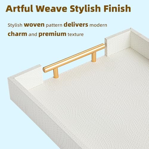 2 Piece Woven Leather Ottoman Tray with Gold Handles, Perfect Rectangular Serving Tray for Living Room, Coffee Table Tray as Thoughtful Gift for Home Decor Enthusiasts (White) - Image 5