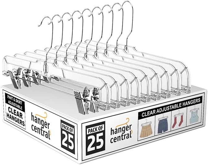 Premium 14 Inch Clear Pants Hangers with Adjustable Clips - 25 Pack Space-Saving Skirt Hangers - Non-Slip Heavy Duty Plastic Closet Organizers with 360° Swivel Hook