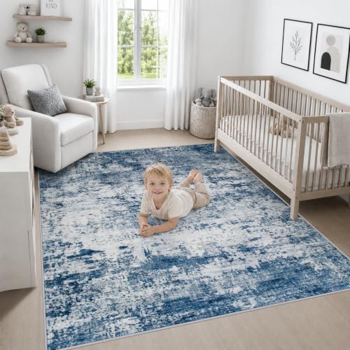 Area Rug Living Room: 5x5 Modern Washable Indoor Soft Carpet Blue - Image 5