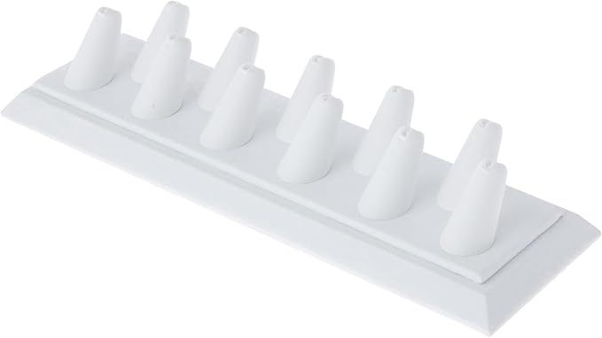 Plymor White Faux Leather Ring Finger Display, Eleven on Rectangular Base, 11.125" W x 3.375" D x 2.125" H