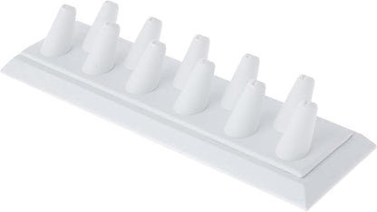 Plymor White Faux Leather Ring Finger Display, Eleven on Rectangular Base, 11.125" W x 3.375" D x 2.125" H