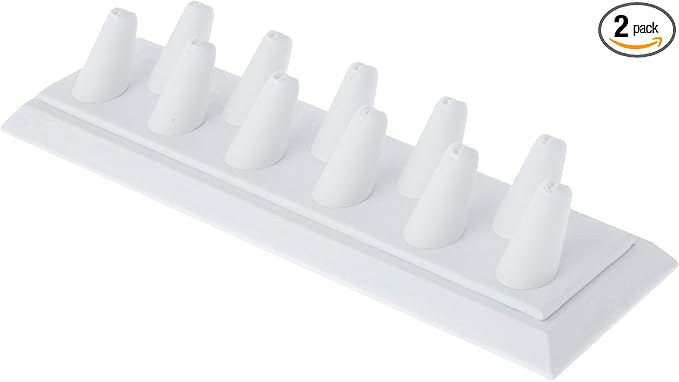 Plymor White Faux Leather Ring Finger Display, Eleven on Rectangular Base, 11.125" W x 3.375" D x 2.125" H (Pack of 2)