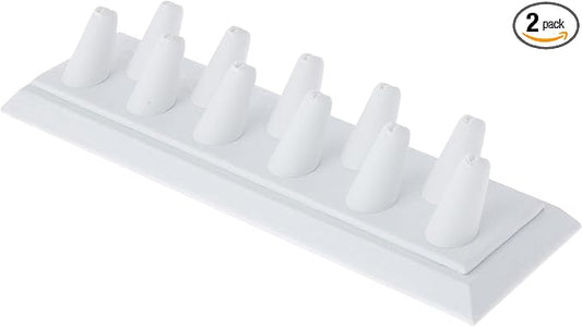 Plymor White Faux Leather Ring Finger Display, Eleven on Rectangular Base, 11.125" W x 3.375" D x 2.125" H (Pack of 2)