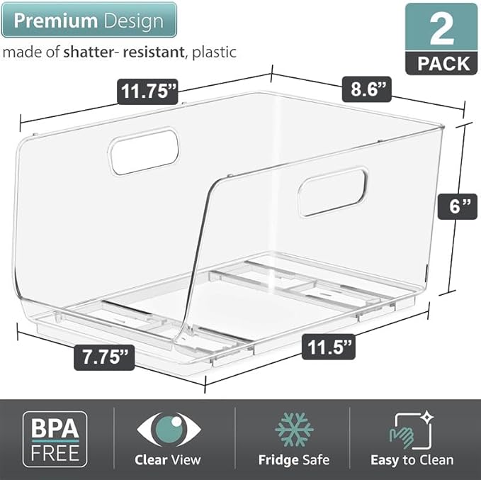 Sorbus Stackable Storage Bins Open Front - Clear Stackable Storage Bins - Pantry Bins for Storage and Organization - Acrylic Stackable Bins for Kitchen - Clear Pantry Organizer Bins (Medium 2 Pack)