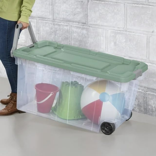 40-Gallon Wheeled Storage Bins (2-Pack) - Heavy Duty Plastic Totes with Lids & Handles - Industrial Garage/Utility Containers for Tools, Camping Gear (36.9" x 21.4") (Clear/Green)