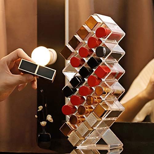 JessLab Lipstick Organizers, Acrylic Holder Lip Gloss Tower Clear Cosmetic Fish Sticks Lip Makeup Storage for Bathroom Vanity Countertop, 28 Slots