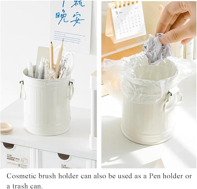 OULIGET Desktop Metal Makeup Brush Holder Organizer,Pen Storage Container Office Desk Trash Can,Storage Pen Holder Storage Tank Vase with 2 Handles