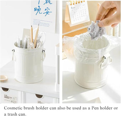 OULIGET Desktop Metal Makeup Brush Holder Organizer,Pen Storage Container Office Desk Trash Can,Storage Pen Holder Storage Tank Vase with 2 Handles