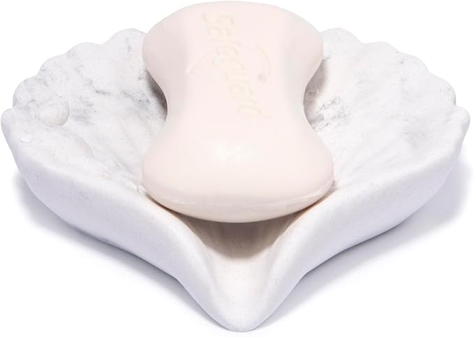 ZAWUU Resin Draining Seashell Soap Dish with Embossed Design – Bar Soap Holder for Bathroom & Kitchen, Multiuse Jewelry Tray (White Marble, Seahorse)