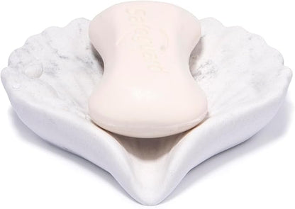 ZAWUU Resin Draining Seashell Soap Dish with Embossed Design – Bar Soap Holder for Bathroom & Kitchen, Multiuse Jewelry Tray (White Marble, Seahorse)