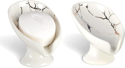 Soap Dish Set, Self Draining Bar Soap Holder for Bathroom Sink, Leaf Shaped Drainage Ceramic White Marble Porcelain Soap Dishes, Kitchen Decorative Soap Dish 2PACK, ANTIS'S HOME