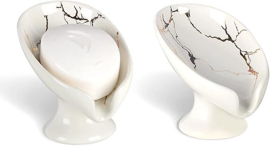 Soap Dish Set, Self Draining Bar Soap Holder for Bathroom Sink, Leaf Shaped Drainage Ceramic White Marble Porcelain Soap Dishes, Kitchen Decorative Soap Dish 2PACK, ANTIS'S HOME