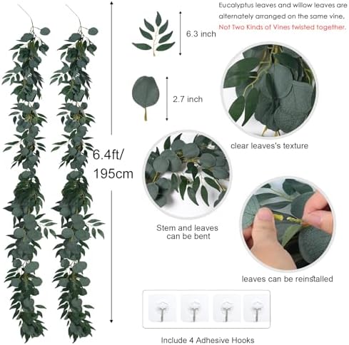 RECUTMS Artificial Silk Eucalyptus Vines Garland with Willow Leaves 2Pc 6Ft - Image 2