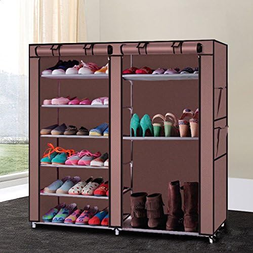 lapday 27-Pairs Portable Boot Rack, Double Row Shoe Rack Covered with Nonwoven Fabric,Space Saving Closet Shoe Cabinet Tower (Coffee)