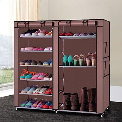lapday 27-Pairs Portable Boot Rack, Double Row Shoe Rack Covered with Nonwoven Fabric,Space Saving Closet Shoe Cabinet Tower (Coffee)