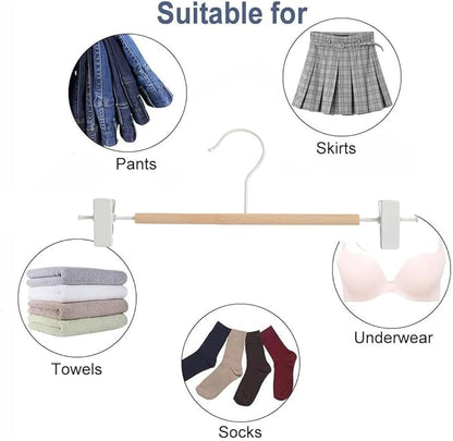 Premium Matt Metal Pants Hanger 20 Pack Smooth Beech Wood Pants Bar,Solid Natural Wooden Pant Bottom Hangers, Trouser Hangers for Slacks Jeans with 2-Adjustable Anti-Rust Clips (Pant Hanger)