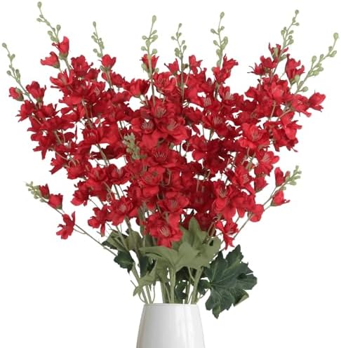 8PCS Long Stem Artificial Delphinium Flowers 33.5'' Larkspur Artificial Flower Red Silk Flowers for Tall Vase Home Wedding Table Centerpieces Decor(Red) by Fqueelvys