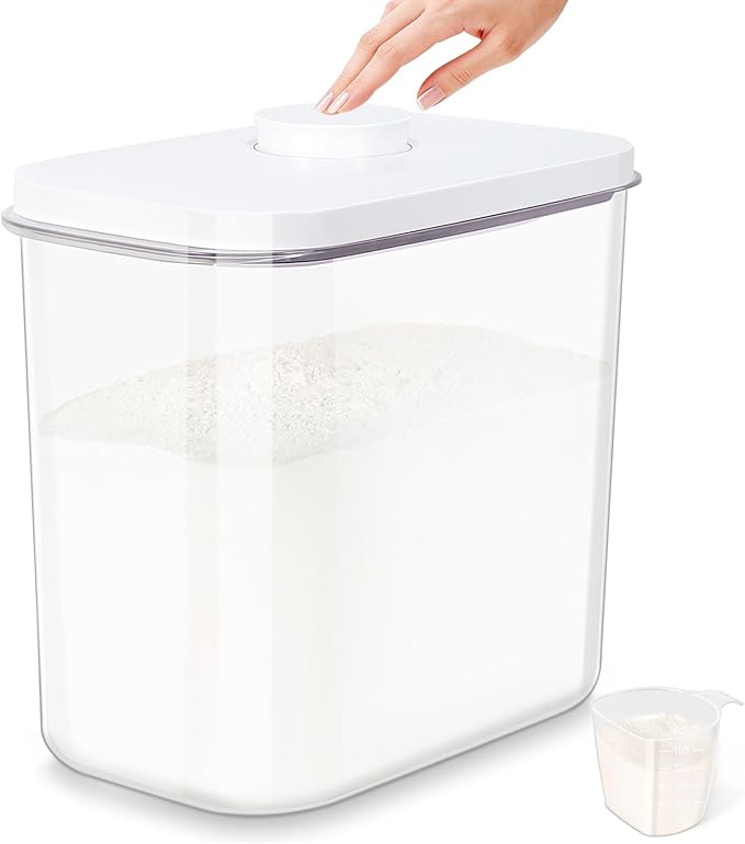 Airtight Rice Container 25 Lbs with Handle and Cup – 12.68Qt Large Flour Sugar Storage Container with Pop Up Seal & Hanging Lid Hooks, Clear Tall Food Storage Bin for Kitchen Pantry Organization