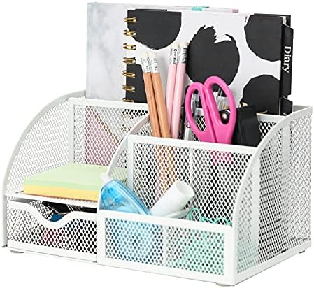 Exerz Desk Organizer 7 Compartments Metal Mesh Pen Holder Caddy White by Exerz