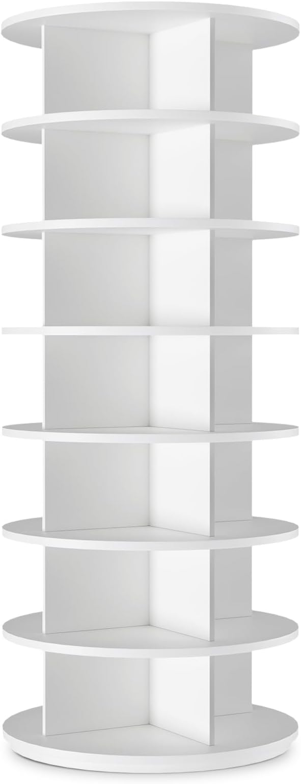 Rotating Shoe Rack 7 Tier Spinning Shoes Organizer Tower for 28-32 Pairs Lazy Susan 360 Revolving Shoe Storage Cabinet Rotate Shoe Handbag Rack Round Carousel for Closet, Bedroom (White)