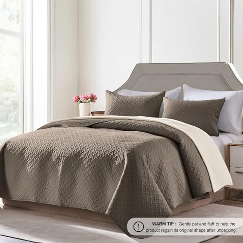 FLYMME Quilts Queen Size,Lightweight Mocha Brown Bedspreads,Basket Weave Pattern,Ultra Soft Microfiber Bed Coverlet 3 Pieces for All-Seasons (1 Quilt,2 Shams) - Image 2
