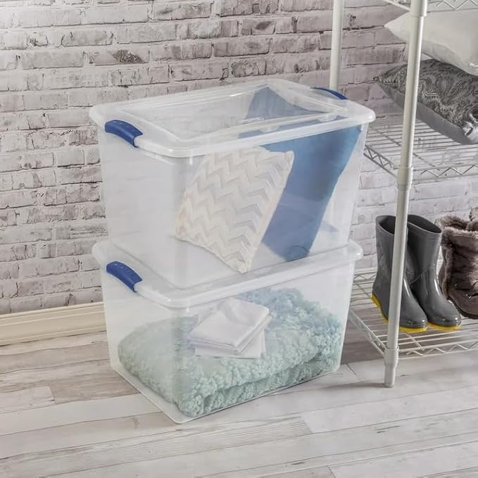 66-Quart Large Storage Bin - Clear Plastic Container with Blue Latch Lid, Airtight & Stackable Design for Garage, Basement or Pantry Organization, Heavy Duty BPA-Free (6 pack)