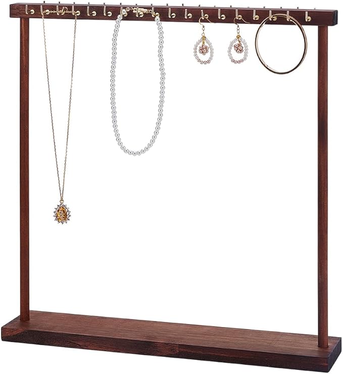 HOBBIESAY1Set Jewelry Display Stand Wood Necklace Holder with 36pcs Metal Hooks Coconut Jewelrys Organizer Hanger Jewelry Accessory Stand for Hanging Necklace Bracelet Watchs 15.75×0.94~2.95×0.67 IN