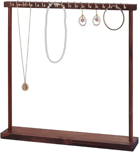 HOBBIESAY1Set Jewelry Display Stand Wood Necklace Holder with 36pcs Metal Hooks Coconut Jewelrys Organizer Hanger Jewelry Accessory Stand for Hanging Necklace Bracelet Watchs 15.75×0.94~2.95×0.67 IN