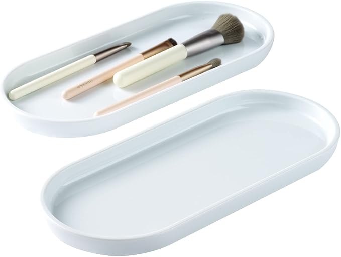 SheeChung Acrylic Vanity Tray Bathroom Storage Tray, 9.65 in x 4.5 in Catchall Holder, Countertop Sink Dispenser Organizer for Cabinet, Vanity, Shelf, Cupboard, or Closet Organization (2 Pack, White)