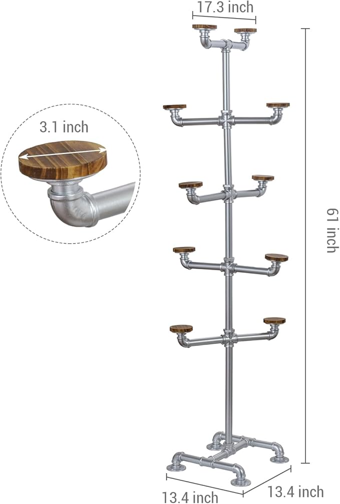 MyGift Hat Rack Stand, Cowboy Hat Tree with 10 Round Rustic Burnt Wood Hat Hangers, Industrial Metal Decorative Pipework Stand with Hooks for Hanging Hats or Wigs, Entryway, Bedroom, Silver Metal