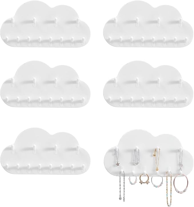 6 Pcs White Cloud Wall Jewelry Organizer, Jewelry Holder Wall for Necklaces & Earrings (5.71 × 2.95 in)