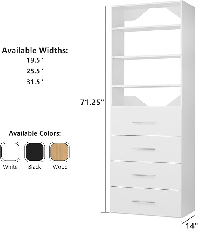 ROOMTEC Modular Closet System, 19.5" 4 Drawer Shelf Closet Tower Wall-Mounted Closet Organizer, Wooden Tower for Walk-In Closets, Wardrobe Storage Kit, White