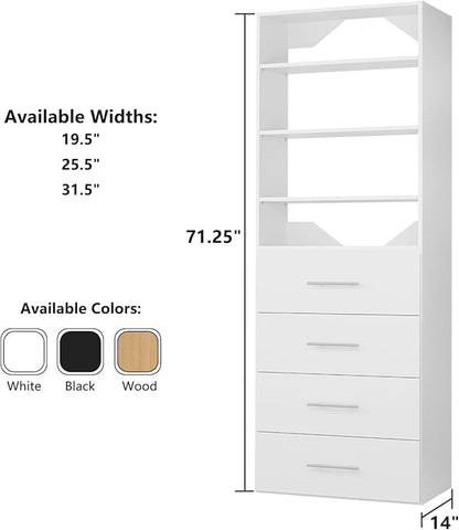 ROOMTEC Modular Closet System, 19.5" 4 Drawer Shelf Closet Tower Wall-Mounted Closet Organizer, Wooden Tower for Walk-In Closets, Wardrobe Storage Kit, White