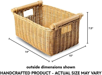 The Basket Lady Pole Handle Wicker Storage Basket, Small, 14 in L x 10 in W x 7.5 in H, Sandstone
