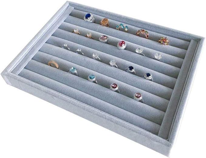 Grey Velvet Ring Organzer Holder Ring Display Tray Ideal for Small Space Drawer Closet Practical Stackable Premium Grade (Ring Tray)