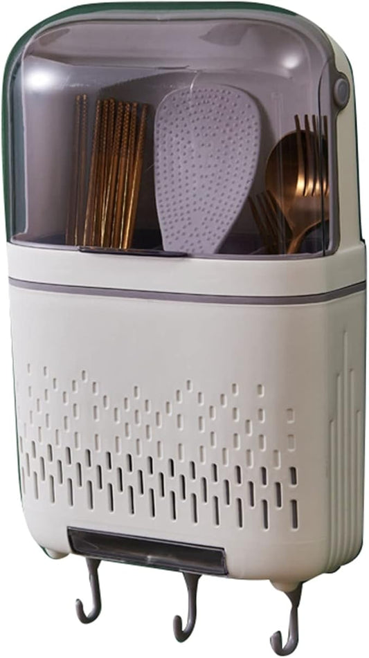 Moonlight White Rustproof Chopstick Storage Rack with Cover - Hanging Kitchen Utensil Holder and Compartmental Cutlery Drainer