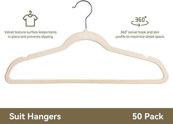 Premium Velvet Hangers 50 Pack, Non-Slip Suit Clothes Hangers, 360 Degree Swivel Hooks and Slim Profile to Maximize Closet Space Beige/Silver
