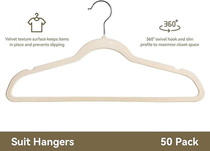 Premium Velvet Hangers 50 Pack, Non-Slip Suit Clothes Hangers, 360 Degree Swivel Hooks and Slim Profile to Maximize Closet Space Beige/Silver